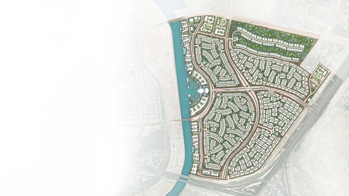 Aerial render of River Cove Residences on the canal at Sobha City